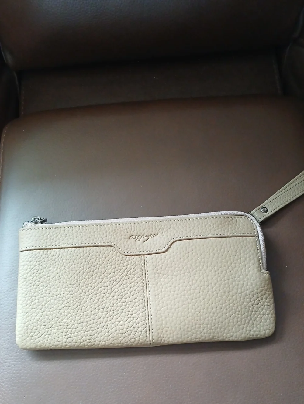 Textured Beige Leather Wristlet Clutch